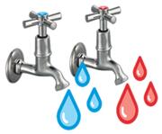 A tap with blue water drops coming out of it and a tap with red water drops coming out of it.