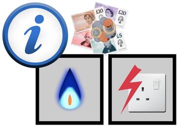 An information sign beside some money, a gas flame and a plug socket.