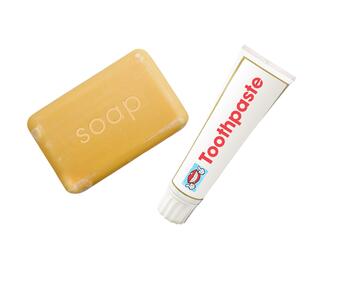 A bar of soap and a tube of toothpaste.