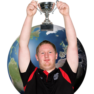 A man holding a trophy above his head with the world in the background behind him