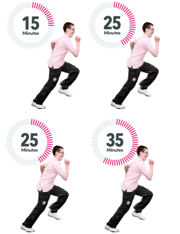 four pictures of a young man running. One picture has a clock showing 15 minutes, the other 25 minutes, another 25 minutes and the fourth picture shows a clock with 35 minutes