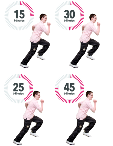 4 pictures of a man running. Each picture shows a different time next to it. Times are either 15, 30, 25 or 45 minutes