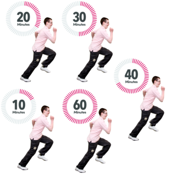 5 pictures of a man running. Each picture shows a different time next to it. Times are either 20, 30, 40, 10 or 60 minutes