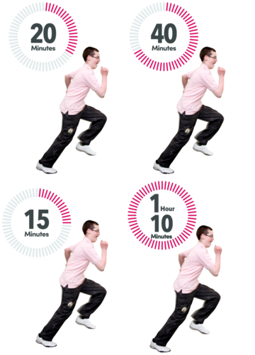 4 pictures of a man running. Each picture shows a different time next to it. Times are either 20, 40, 15mins or 1 hour 10min runs