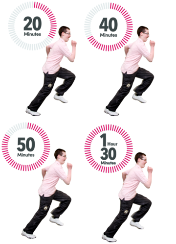 4 pictures of a man running. Each picture shows a different time next to it. Times are either 20, 40, 50 or 1 hour 30 minutes