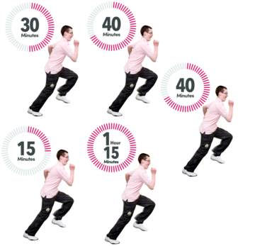 5 pictures of a man running. Each picture shows a different time next to it. Times are either 30, 40, 40,15 minute or 1 hour 15 minutes