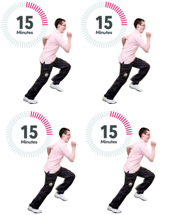 4 pictures of a man running next to a clock with 15 minutes showing on it
