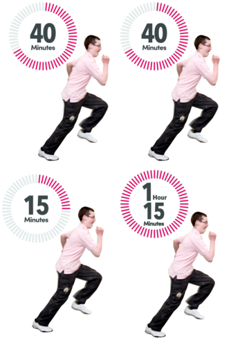 4 pictures of a man running. Each picture shows a different time next to it. Times are either 40, 40, 15 or 1 hour 15 minutes