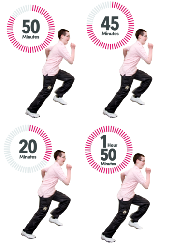 4 pictures of a man running. Each picture shows a different time next to it. Times are either 50, 45, 20 or 1 hour 50 minutes