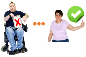 A man in a wheelchair holding a sign with a red cross on it is next to a woman with a green tick next to her