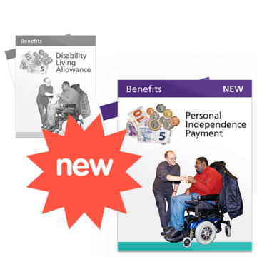 A grey picture of a Disability Living Allowance leaflet next to a bigger picture of a colour Personal Independence Payment leaflet and with a 'new' sticker next to it
