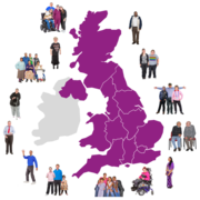 A map of the UK surrounded by groups of different people