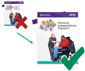 A red cross beside someone in a wheelchair and DLA and a green arrow pointing to someone in a wheelchair and PIP with a green tick.