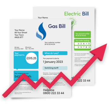 Gas and electricity bills with a red arrow pointing up