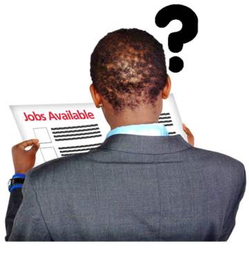 A man reading job adverts in a newspaper with a question mark next to him