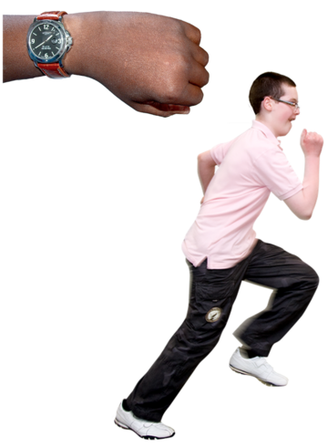 a picture of a wrist watch above a man running