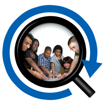 A group of people pointing to a piece of paper on a table inside a magnifying glass with a blue circle around it