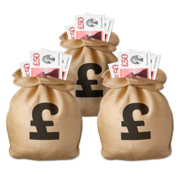 Three sacks of money in English pound notes