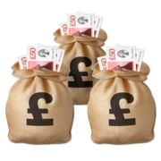 Three sacks of money in English pound notes