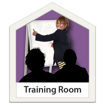 A woman pointing to a clip board in front of two people who are training