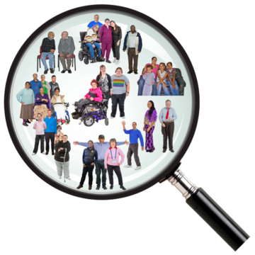 A magnifying glass over different groups of people