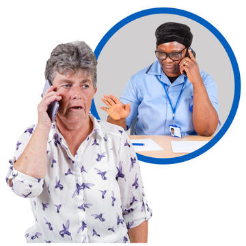 A lady talking on the phone.  Behind her is a lady sitting at a desk talking on the phone.