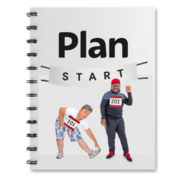 A book with the word Plan on it and a picture of two people in running gear waiting to start a race