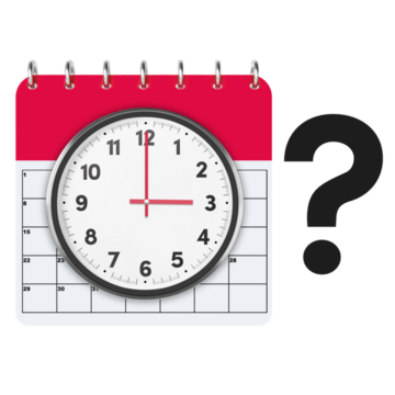A month page in a calendar and a clock with a question mark next to them