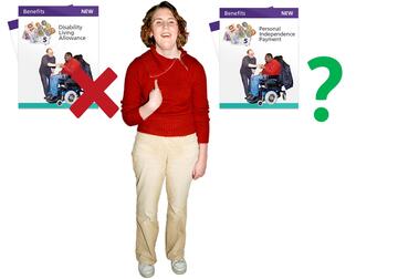 A lady pointing to herself.  Beside her is DLA with a red cross and PIP with a green question mark.