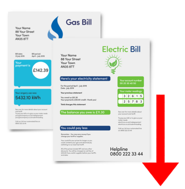 A gas and electricty bill with a red arrow pointing down
