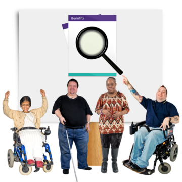A group of people are standing in front of a poster showing a benefits leaflet and a magnifying glass