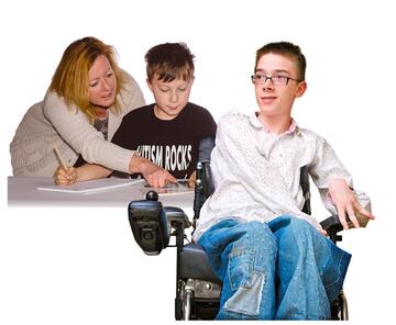 A lady helping a young boy and a boy in a wheelchair.