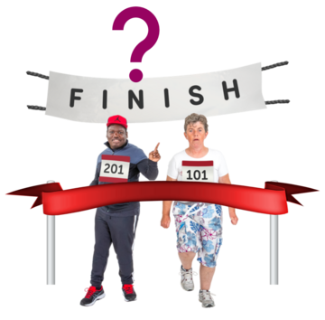 A couple are about to cross the finish line. There is a question mark above the picture