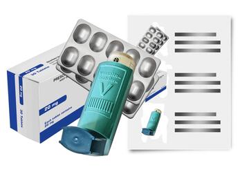 A box, some tablets and an inhaler beside a piece of paper with writing on.