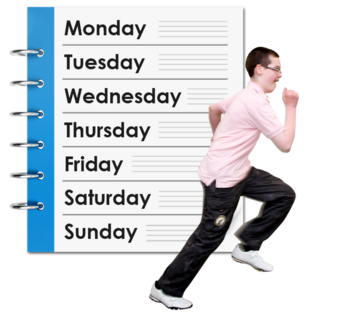 A young man running next to a diary showing a week of days