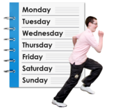 A young man running next to a diary showing a week of days