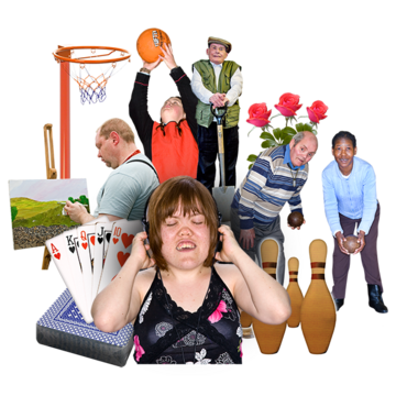 People doing lots of different activities like playing basketball, bowling, cards, painting and listening to music.