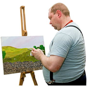A man painting a landscape on an easel.