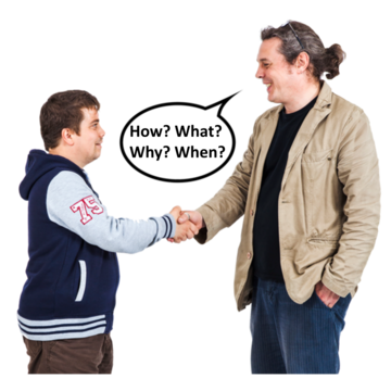 A man is asking questions to someone which start with Why?, What?, When? and How?
