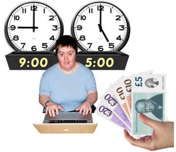 A woman is typing on a laptop in front of a clock which says 9am and another clock which says 5pm. Next to her is a hand giving her money