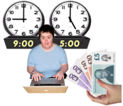 A woman is typing on a laptop in front of a clock which says 9am and another clock which says 5pm. Next to her is a hand giving her money