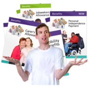 A man shrugging his shoulders in front of lots of different leaflets on different types of benefits like Carers Allowance, and Personal Independence Payment