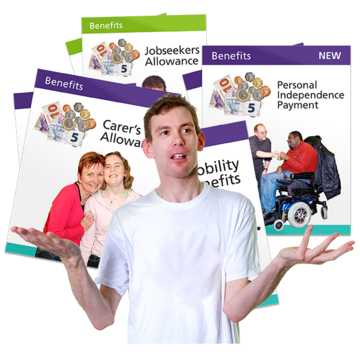 A man shrugging his shoulders in front of lots of different leaflets on different types of benefits like Carers Allowance, and Personal Independence Payment