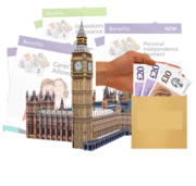 In front of a picture of lots of different types of benefit leaflets is the Houses of Parliament and a hand putting money into an envelope.