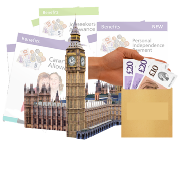 In front of a picture of lots of different types of benefit leaflets is the Houses of Parliament and a hand putting money into an envelope.