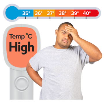 A man wiping his forehead, with a thermometer that reads "Temp High"