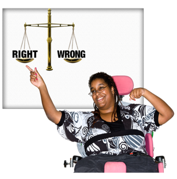 A woman is pointing to the word 'Right' above a weighing scale which also has the word 'wrong' on the other side of the scale