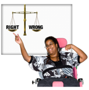 A woman is pointing to the word 'Right' above a weighing scale which also has the word 'wrong' on the other side of the scale