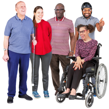 A group of 4 different people. One is blind, one has learning disability another is  in a wheel chair.