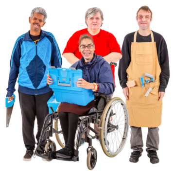 A group of 4 people who are holding tools for the jobs they do